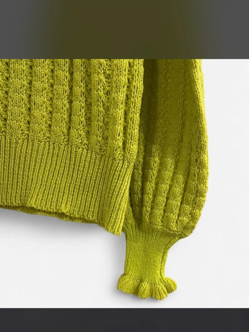 UMGEE Lime Green Cozy Ruffle Neck Sweater with Balloon Sleeves - Picture 6 of 7